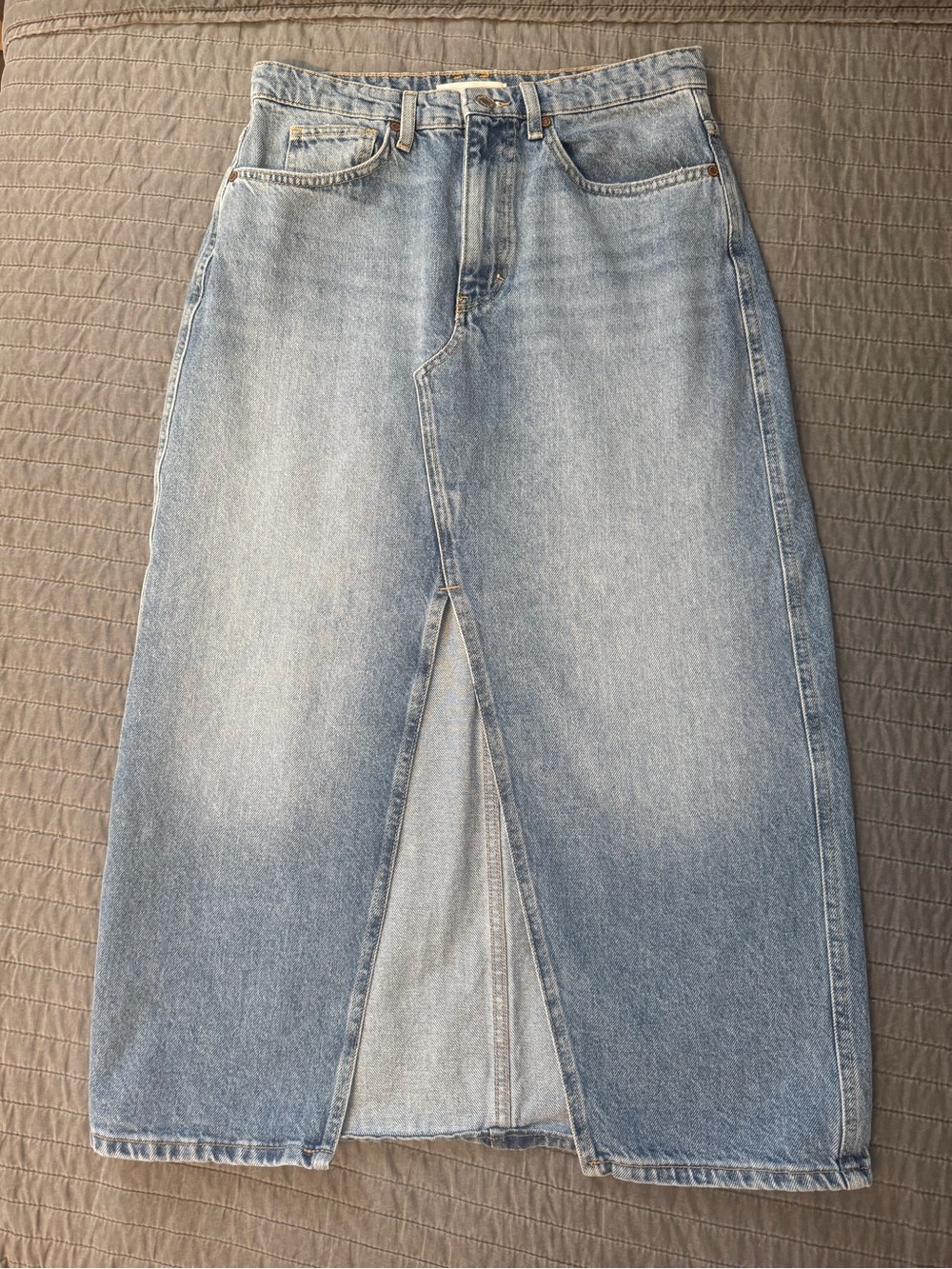 Mango Light Wash Denim Midi Skirt with Front Slit